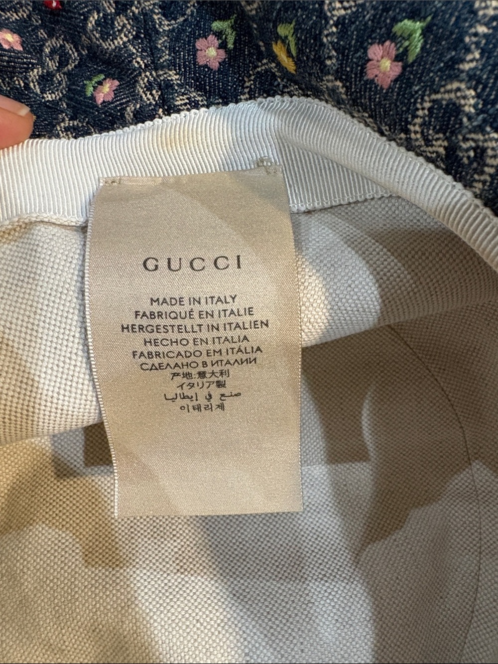 Gucci Women’s Denim Bucket Hat with Multicolor Floral Embroidery and Pink Trim - Picture 6 of 10
